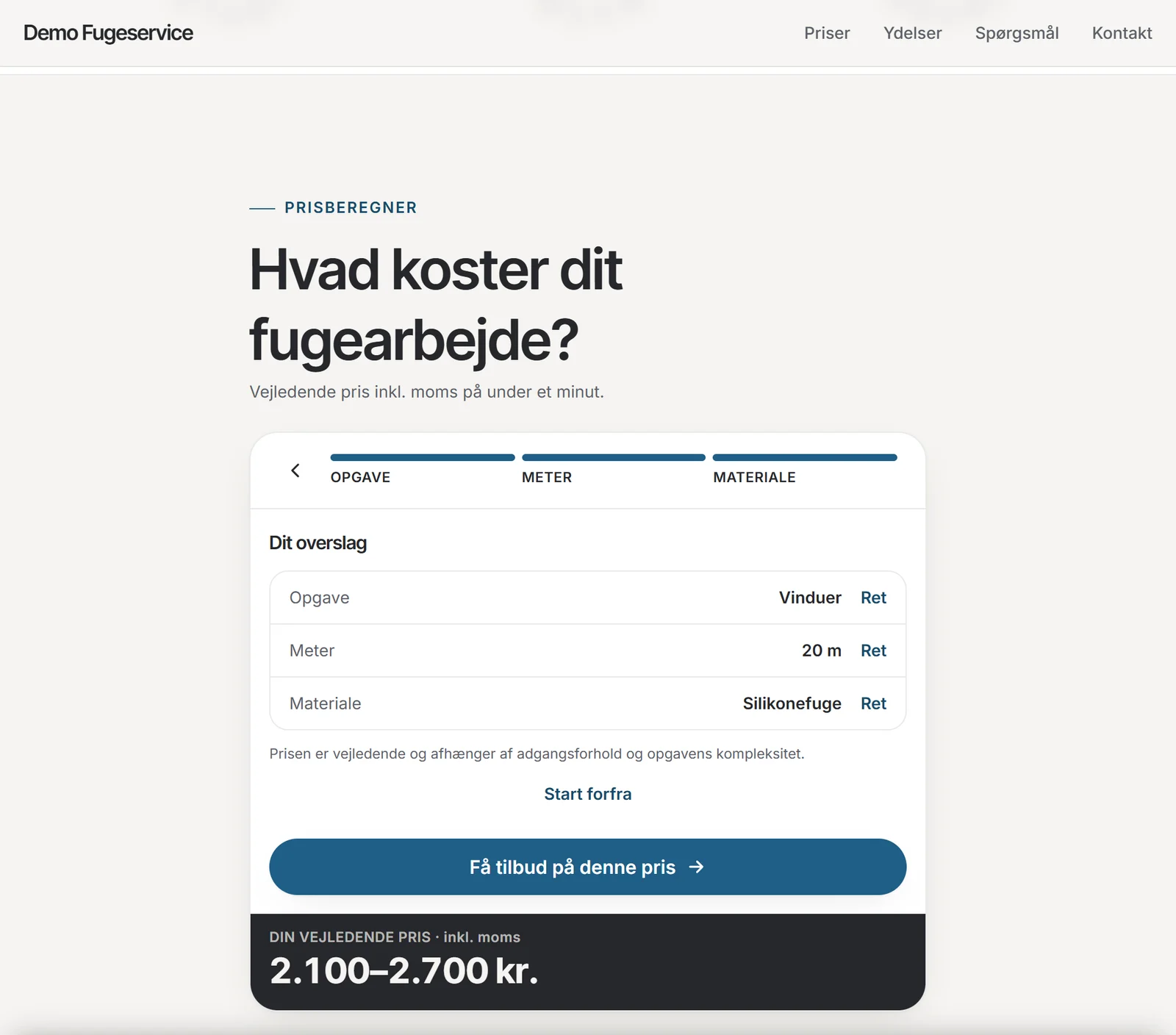 Kundens hjemmeside med prisberegneren, der viser en vejledende pris